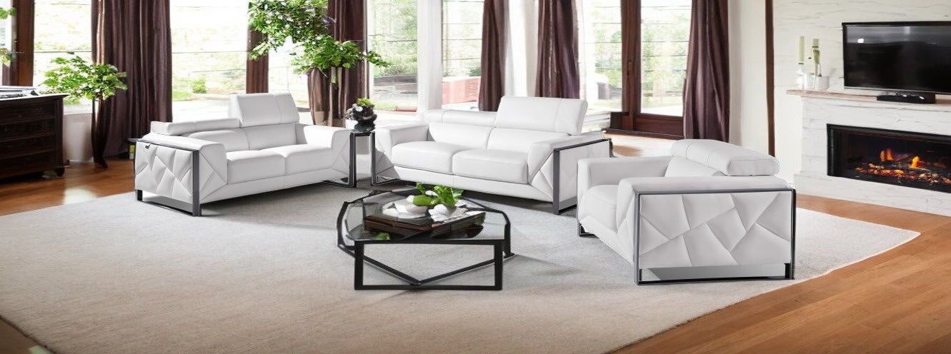 Three Piece Indoor White Italian Leather Six Person Seating Set