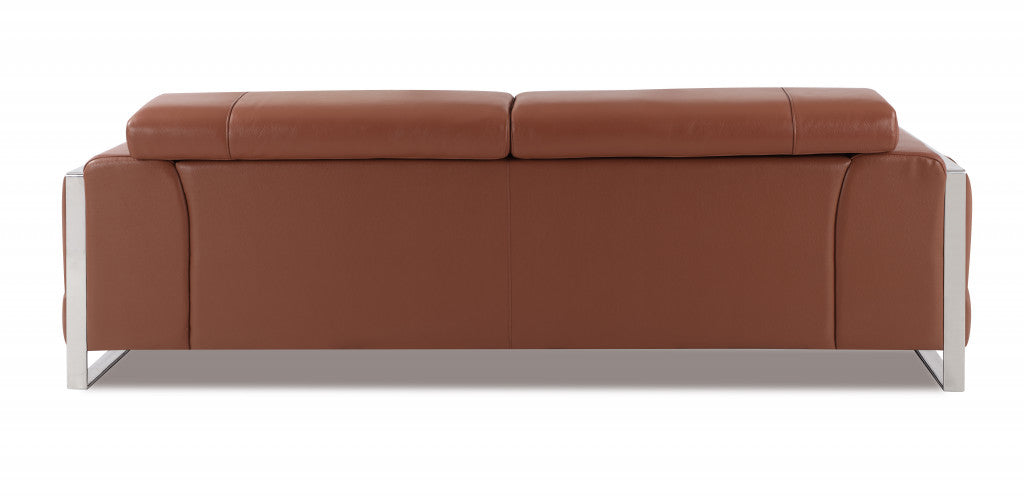 89" Camel And Silver Italian Leather Sofa