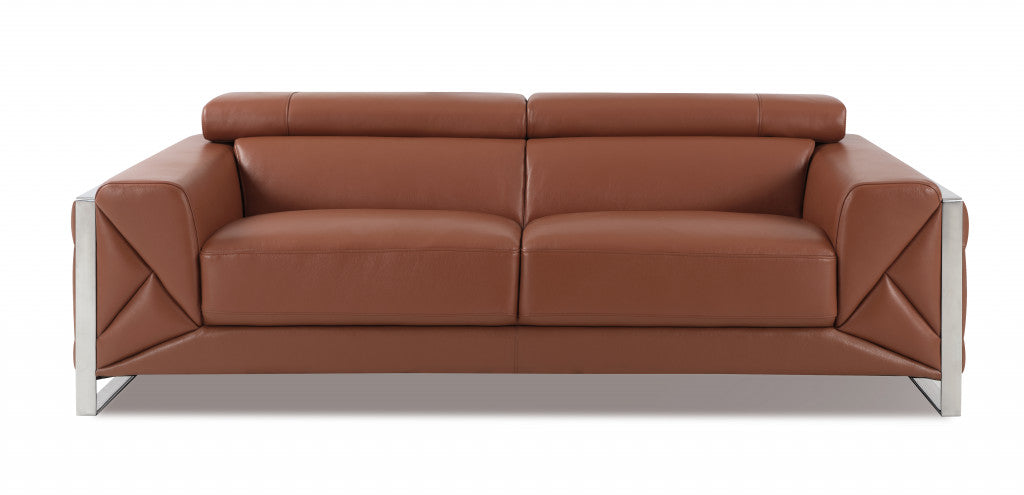 89" Camel And Silver Italian Leather Sofa