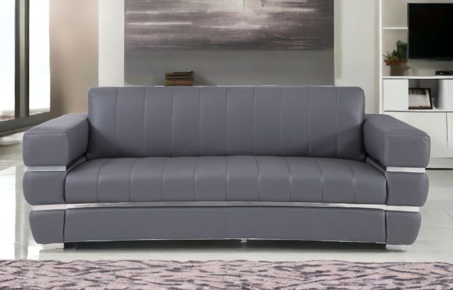 89" Gray And Silver Italian Leather Sofa