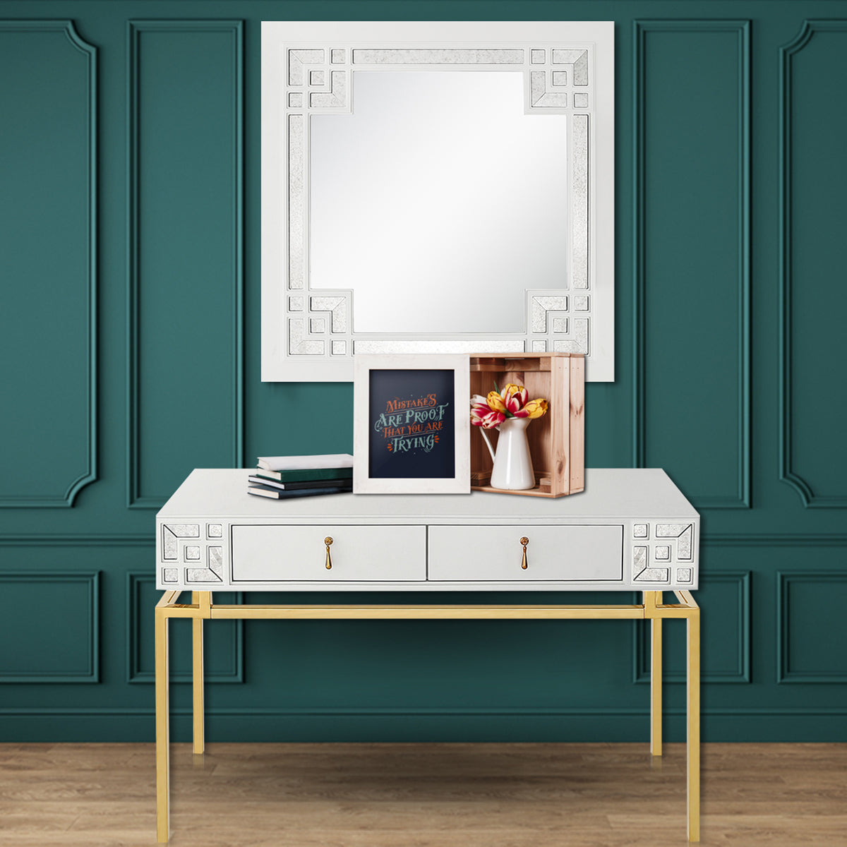 47" White and Gold Wood and Manufactured Wood Blend Mirrored Console Table With Storage