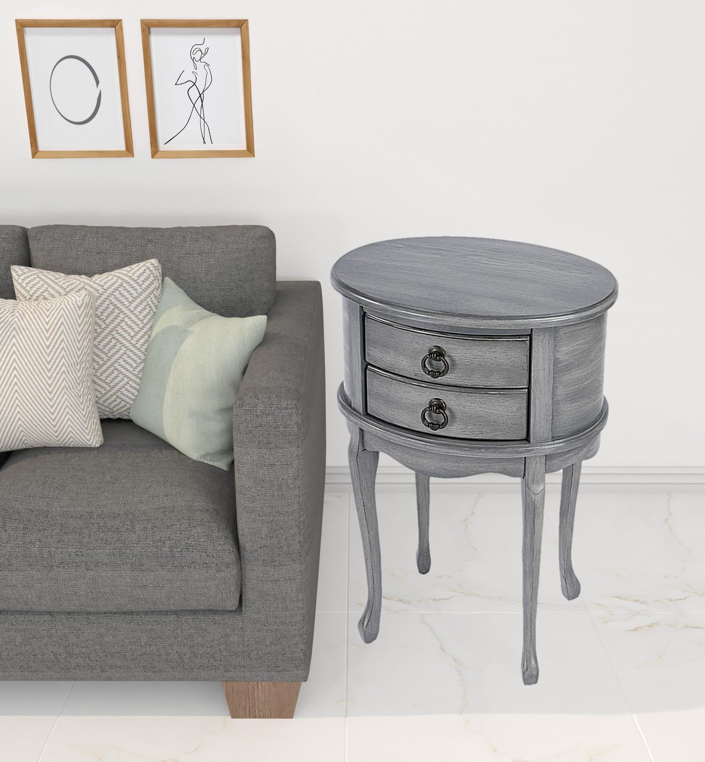 26" Grey And Gray Manufactured Wood Oval End Table With Two Drawers