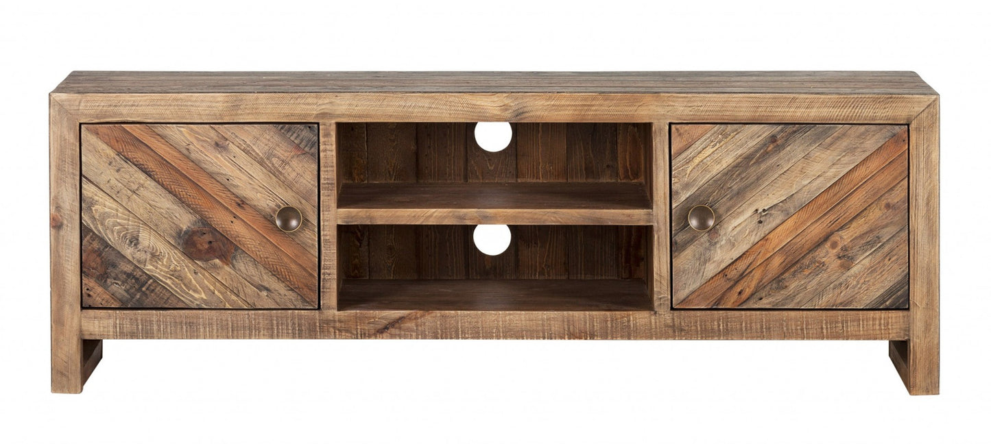 63" Wood Brown Reclaimed Pine And Plywood Open Shelving TV Stand