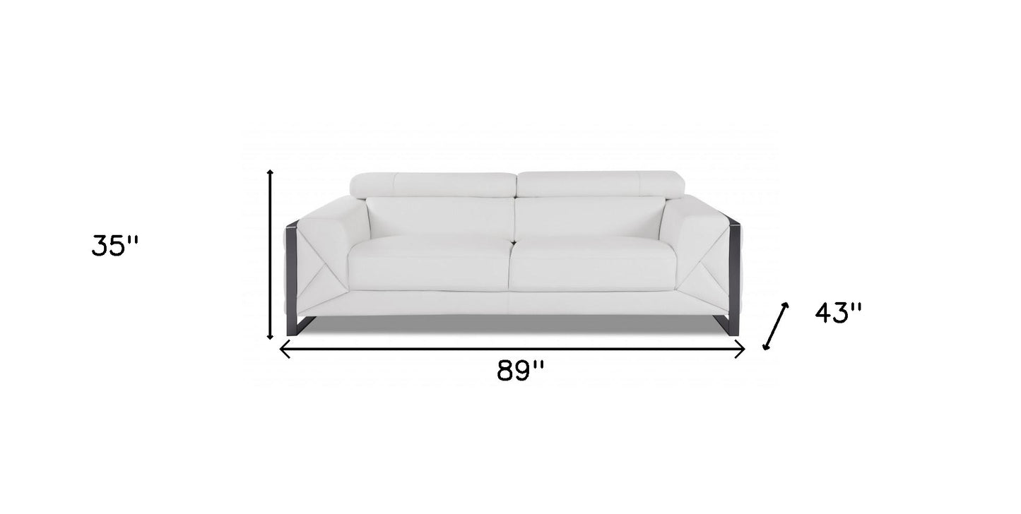 89" White And Silver Italian Leather Sofa