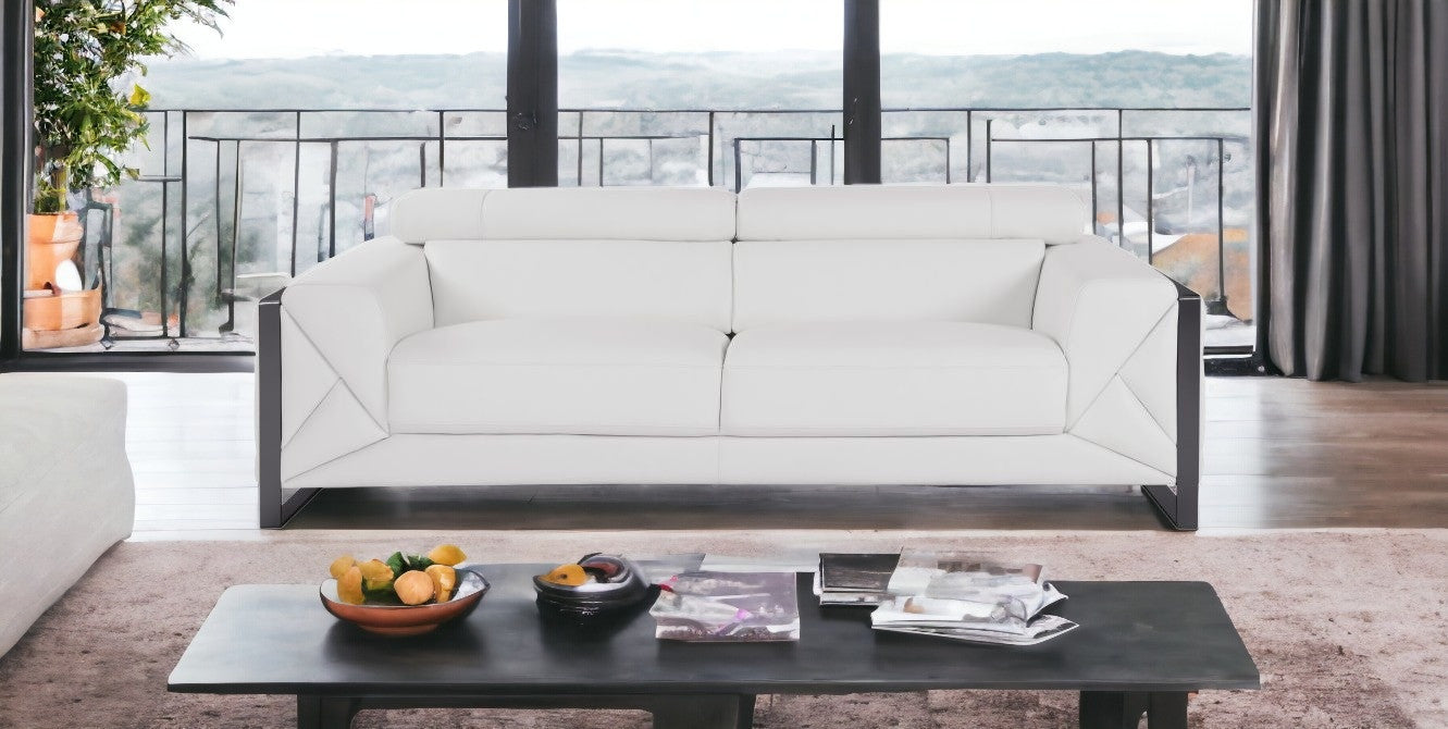 89" White And Silver Italian Leather Sofa