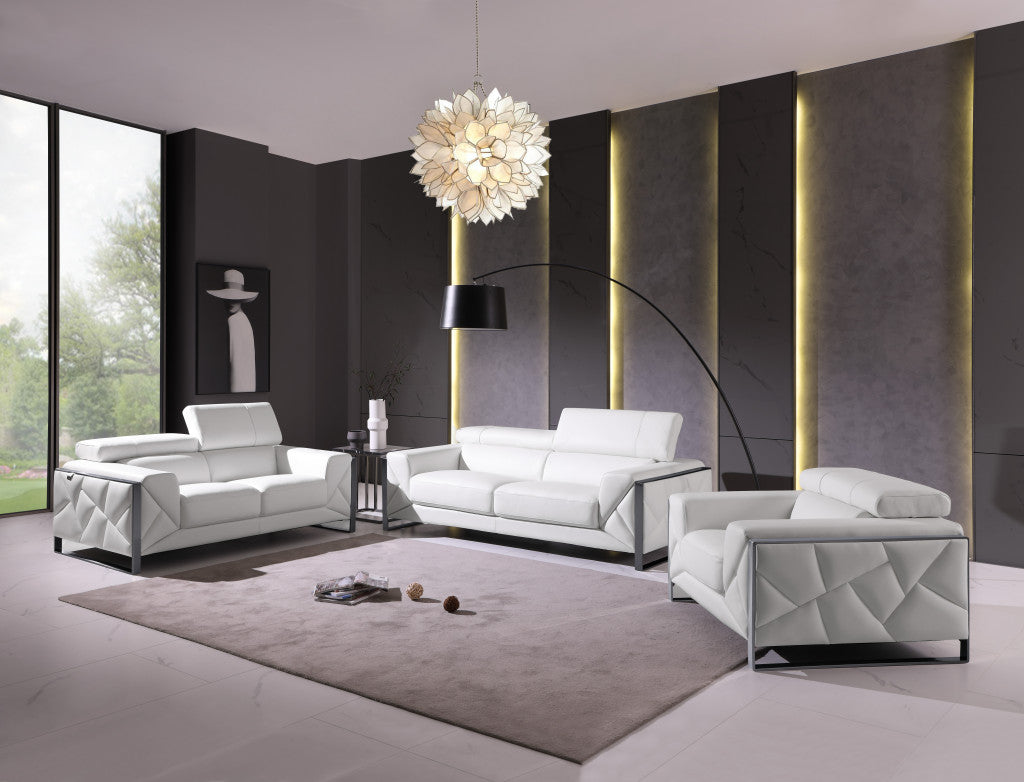 89" White And Silver Italian Leather Sofa