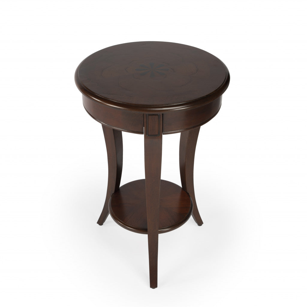 26" Dark Brown And Cherry Manufactured Wood Round End Table With Shelf