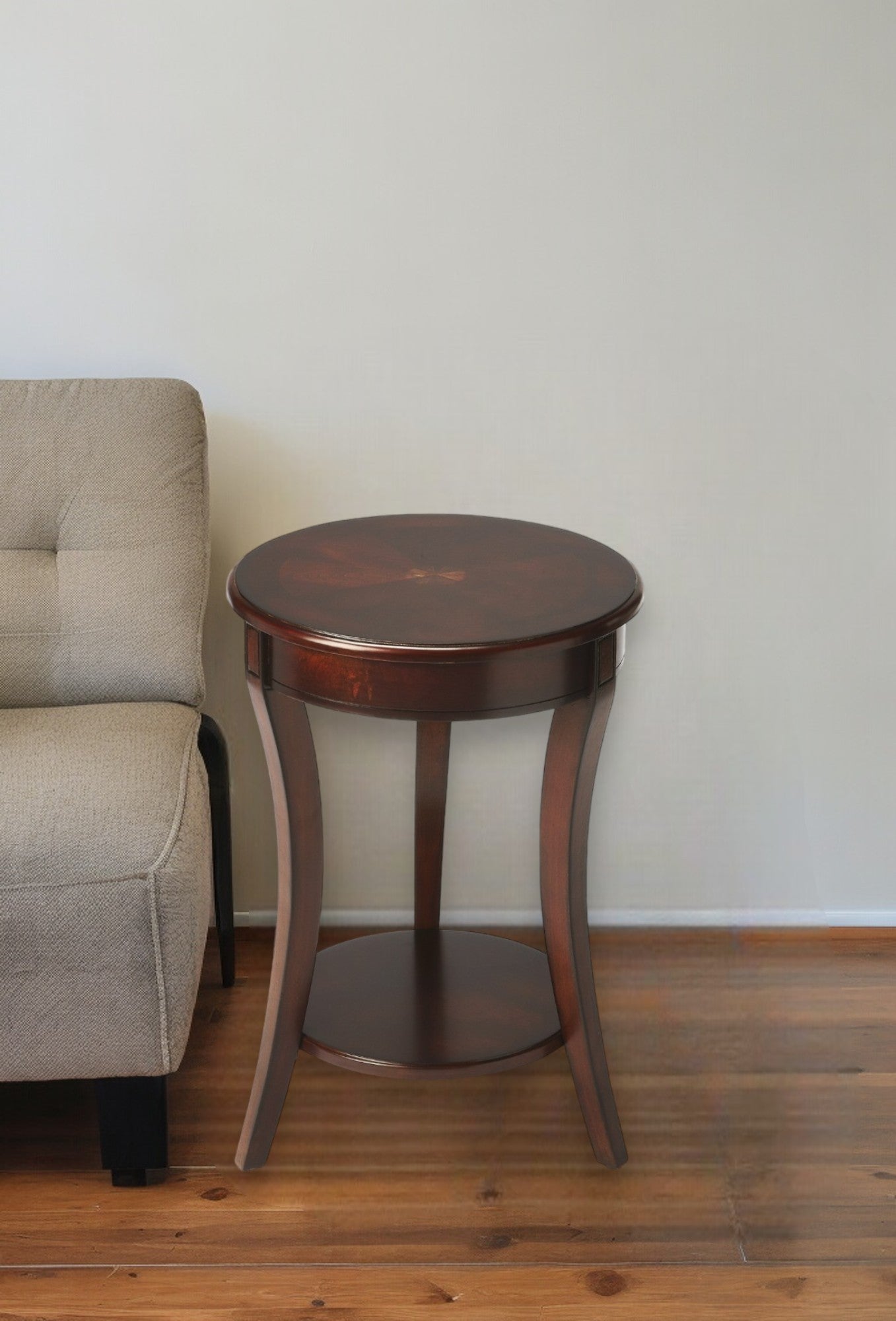 26" Dark Brown And Cherry Manufactured Wood Round End Table With Shelf