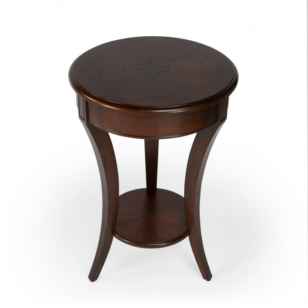 26" Dark Brown And Cherry Manufactured Wood Round End Table With Shelf