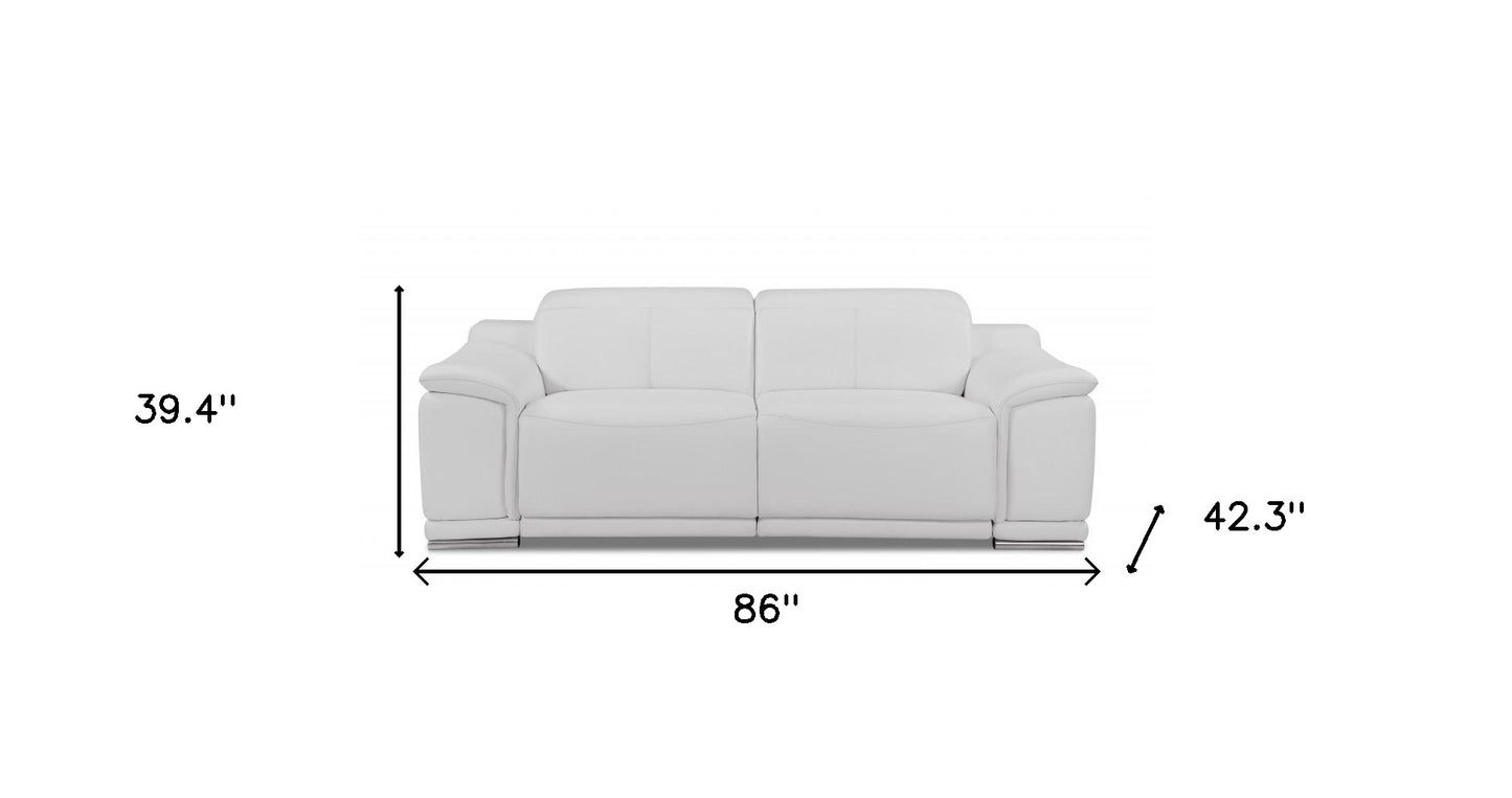 86" White And Silver Italian Leather USB Sofa