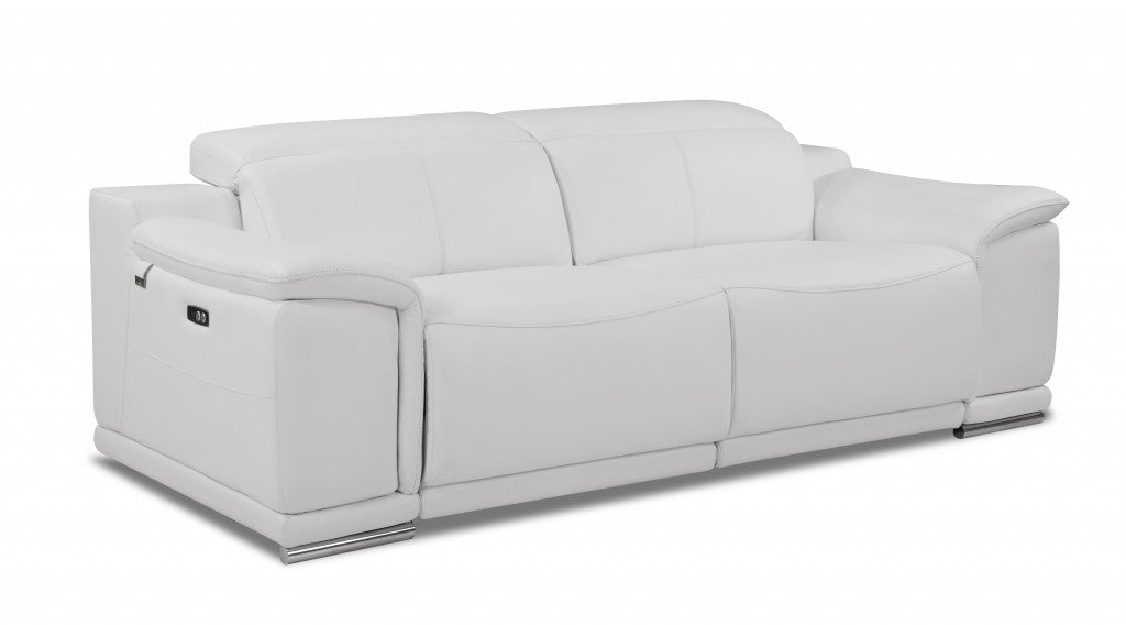 86" White And Silver Italian Leather USB Sofa