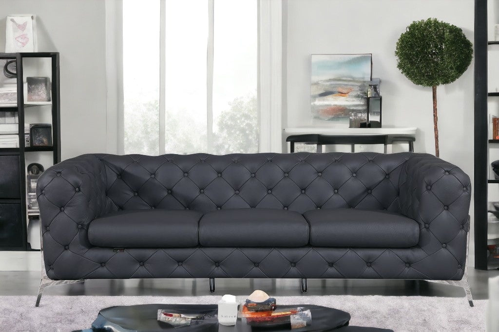 93" Gray And Silver Italian Leather Sofa