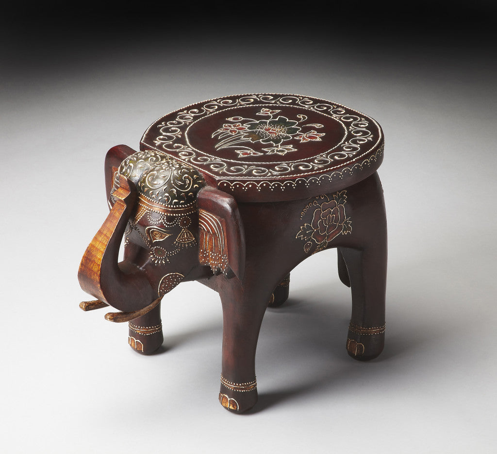 15" Warm Brown Hand Painted Floral 3D Elephant End Table