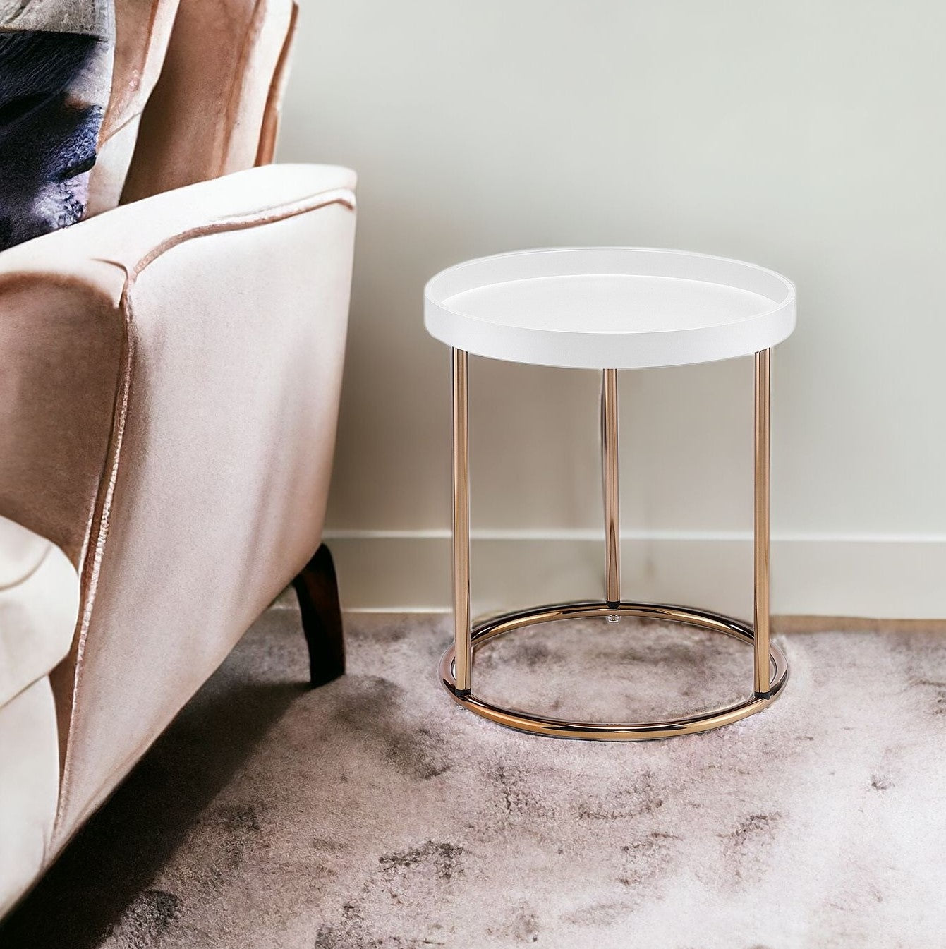 22" Copper And White Solid Wood And Steel Round End Table