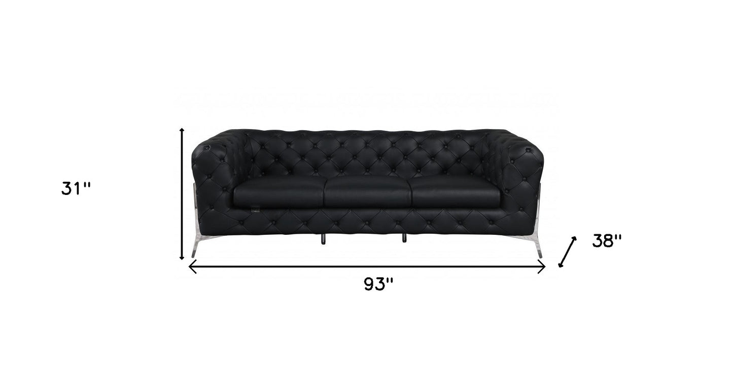 93" Black And Silver Italian Leather Sofa