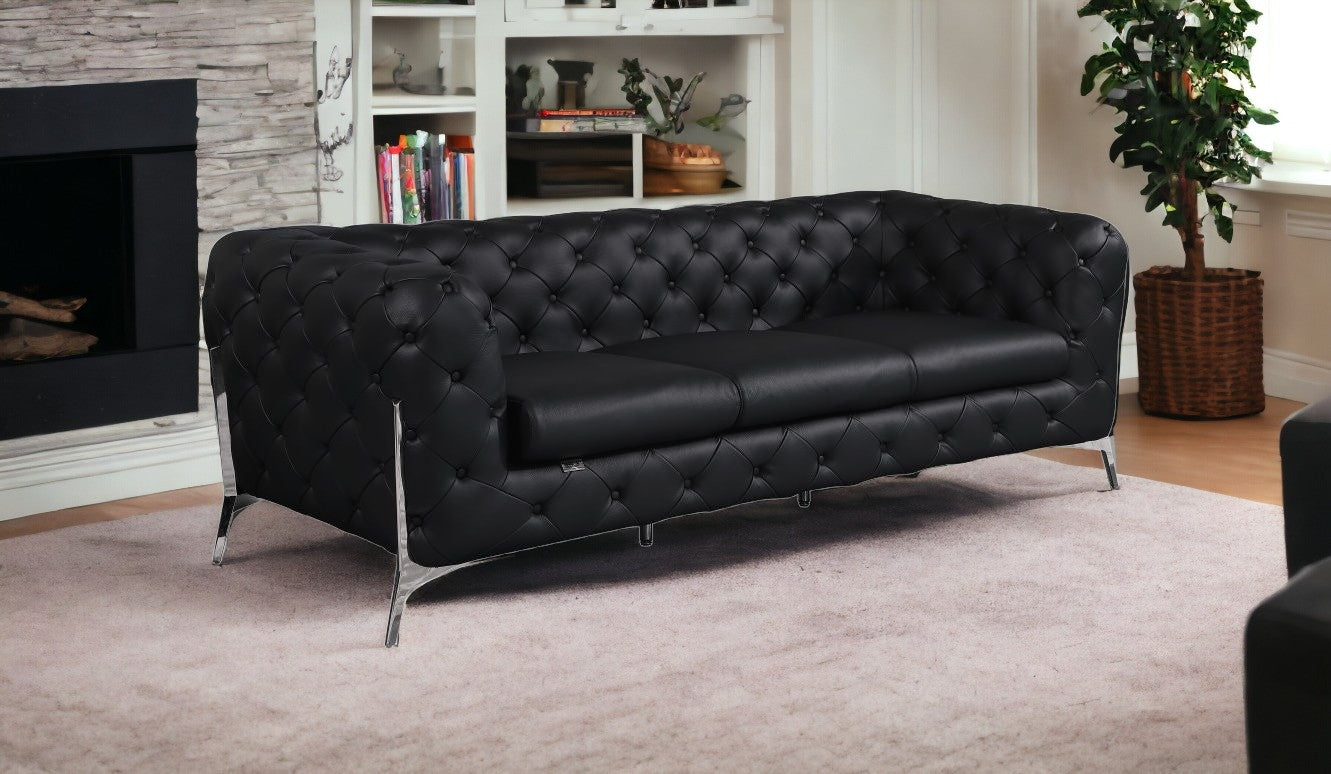 93" Black And Silver Italian Leather Sofa