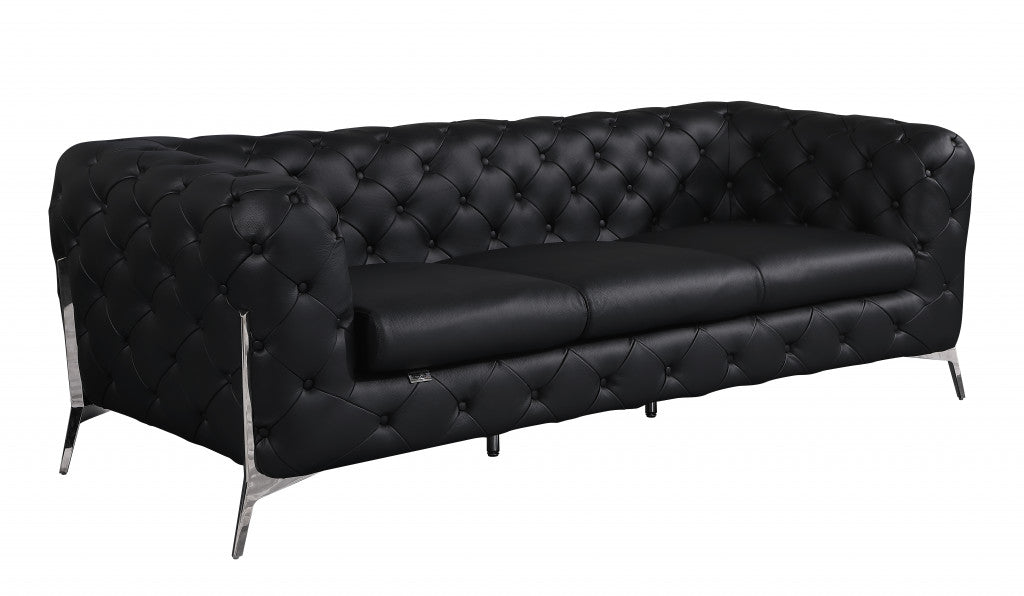 93" Black And Silver Italian Leather Sofa