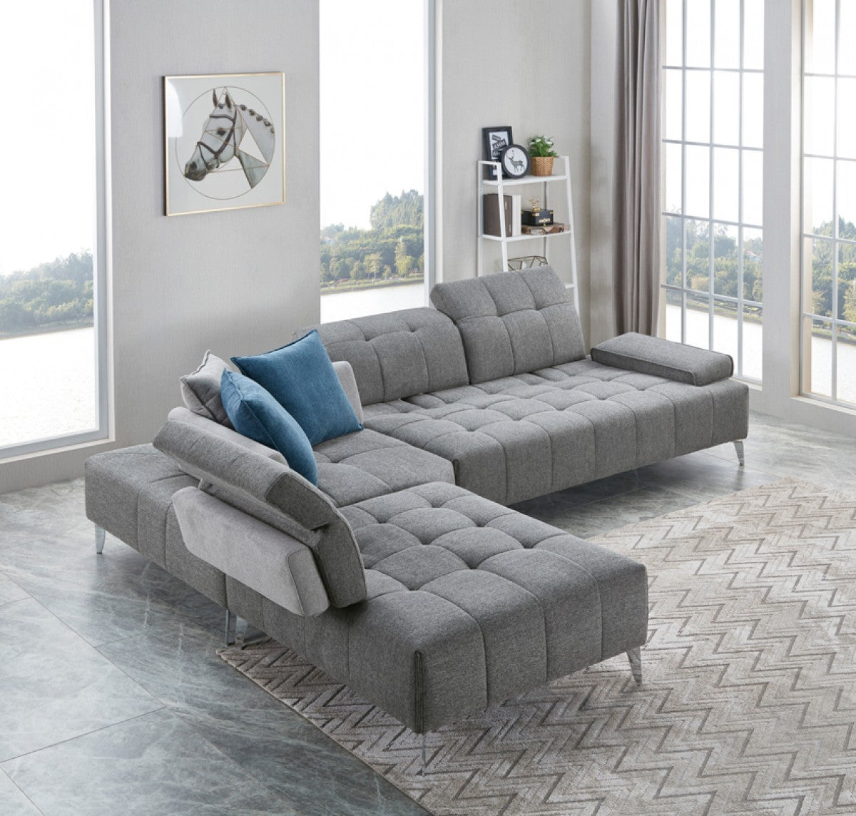 Gray Polyester Modular L Shaped Three Piece Corner Sectional