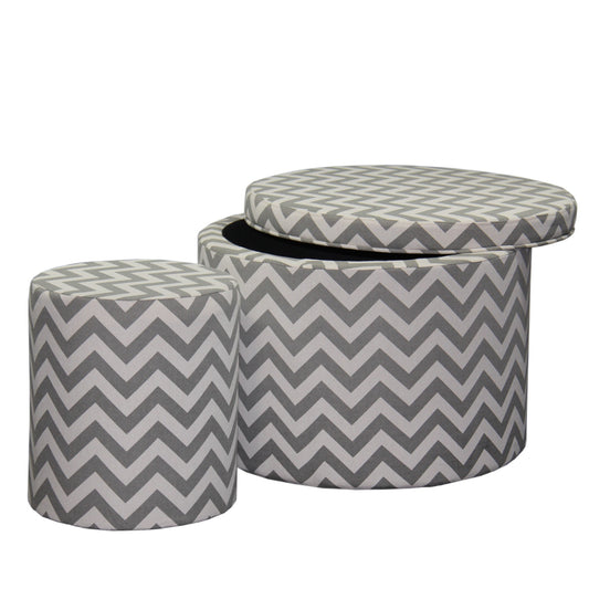 23" Gray Polyester Blend Round Geometric Footstool Ottoman