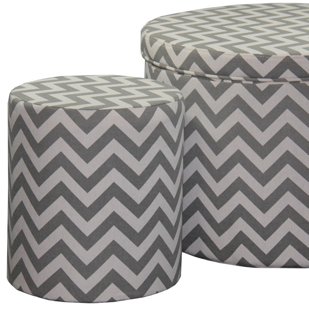 23" Gray Polyester Blend Round Geometric Footstool Ottoman