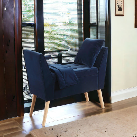 47" Navy Blue and Natural Upholstered Microsuede Bench with Flip top