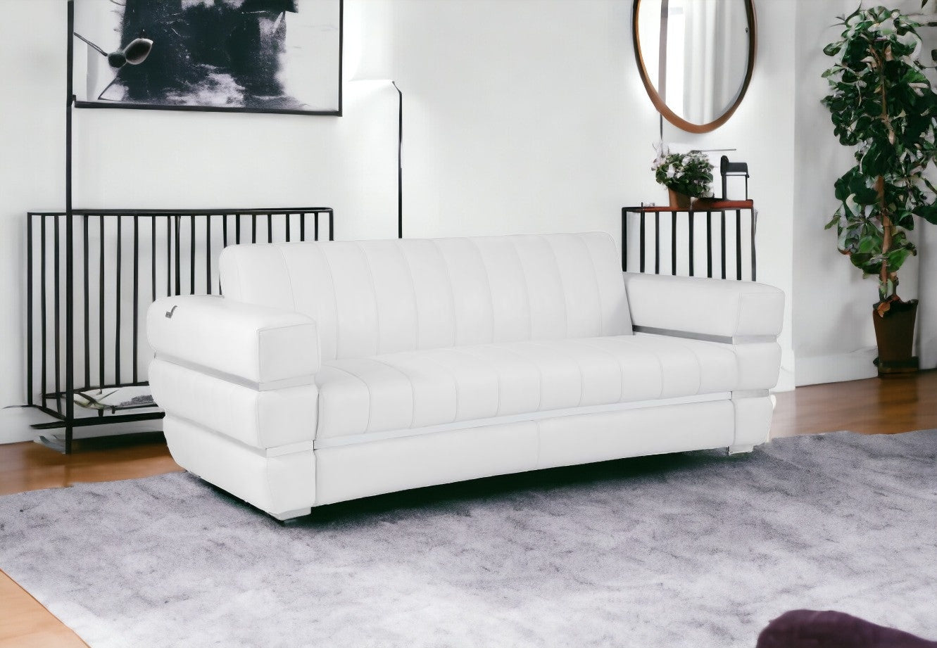 89" White And Silver Italian Leather Sofa