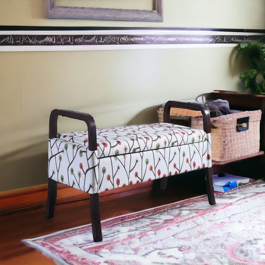 17" Dark Brown And Blue Upholstered 100% Polyester Floral Entryway Bench With Flip Top