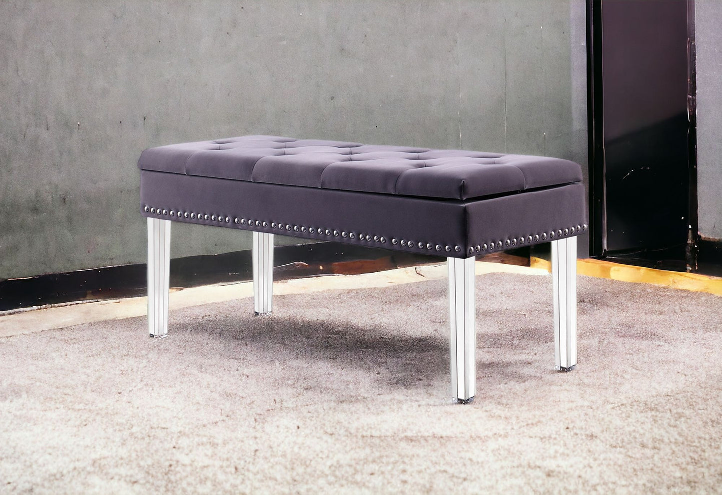 17" Clear And Gray Upholstered Velvet Entryway Bench With Flip Top