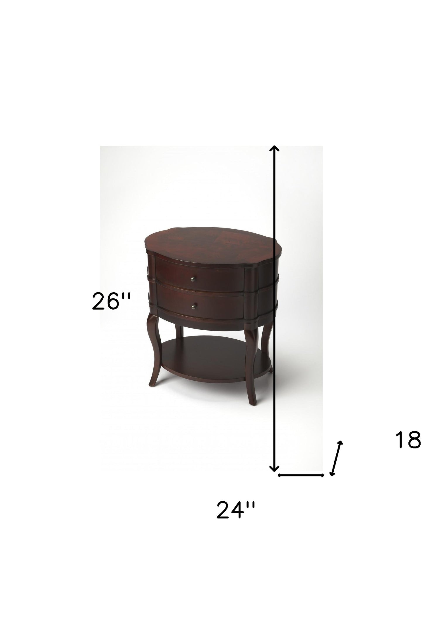 26" Dark Brown And Cherry Solid And Manufactured Wood Oval End Table With Two Drawers And Shelf