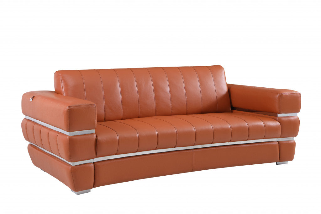 89" Camel And Silver Italian Leather Sofa