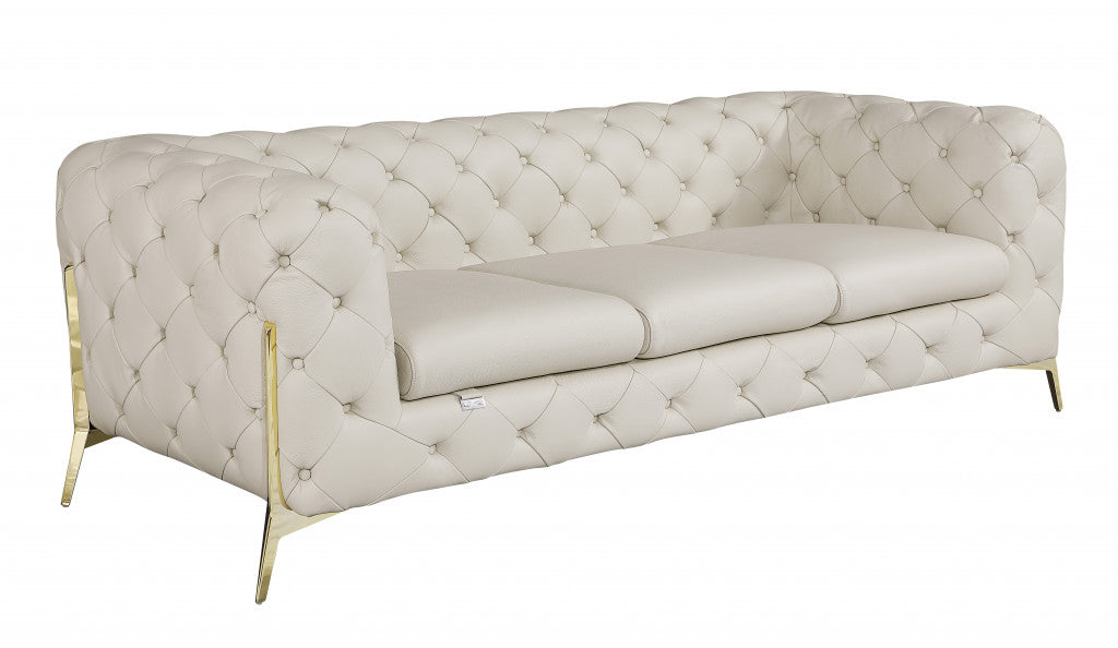 93" Beige And Silver Italian Leather Sofa