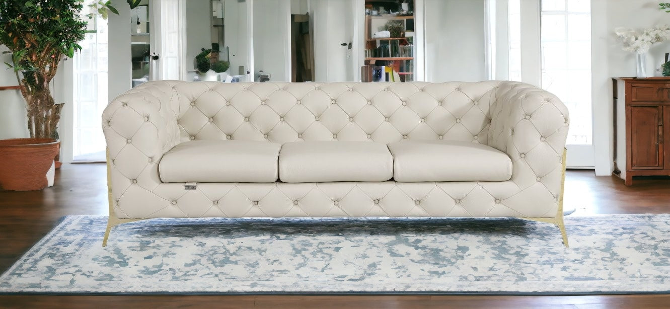 93" Beige And Silver Italian Leather Sofa