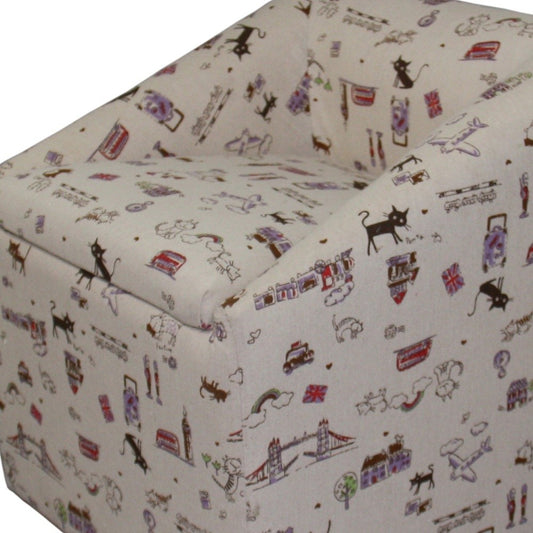 21" Modern Beige Whimsical Cats in London Cubed Accent Storage Chair