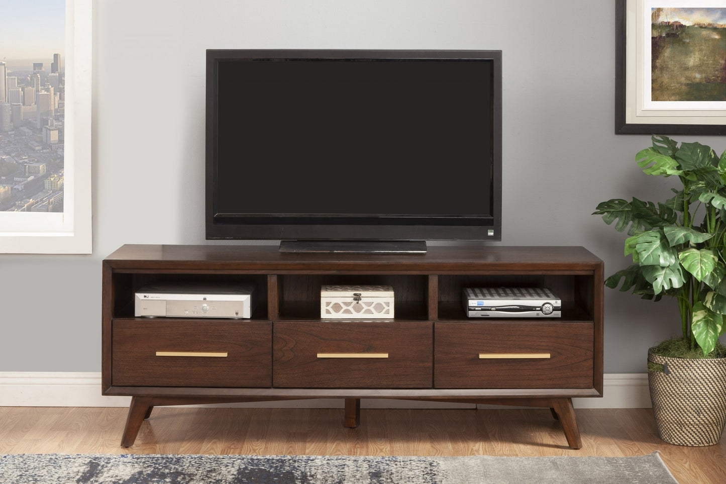 Walnut and Gold Mid Century Modern TV Console