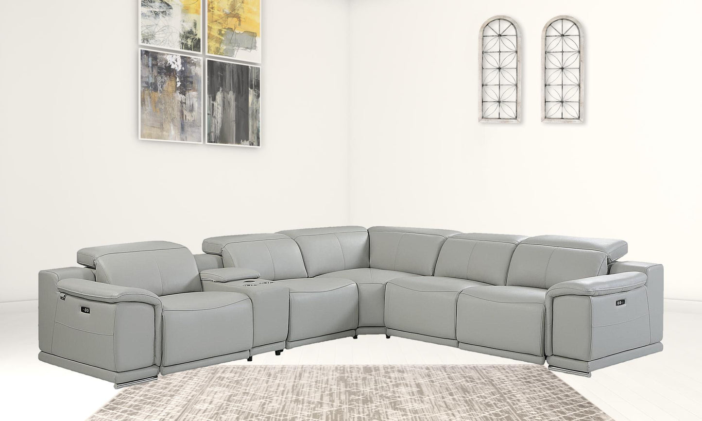 Light Gray Italian Leather Power Reclining U Shaped Six Piece Corner Sectional With Console