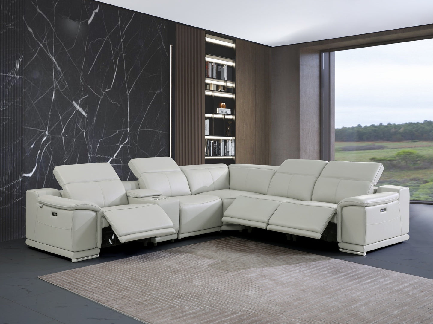 Light Gray Italian Leather Power Reclining U Shaped Six Piece Corner Sectional With Console