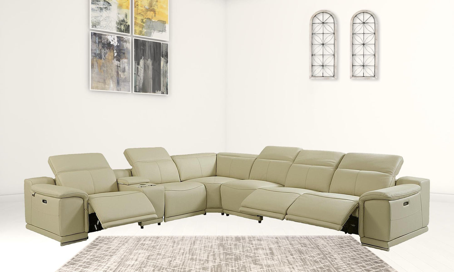 Beige Italian Leather Power Reclining U Shaped Seven Piece Corner Sectional With Console