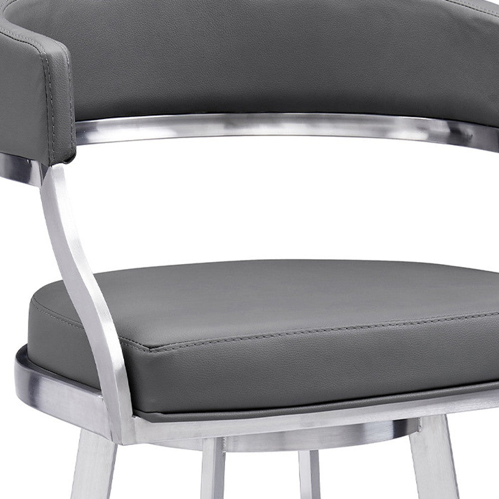 30" Gray And Silver Faux Leather And Iron Swivel Low Back Bar Height Bar Chair