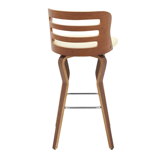 29" Cream And Brown Faux Leather Swivel Low Back Bar Height Bar Chair