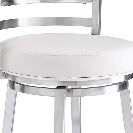 30" White And Silver Faux Leather And Iron Swivel Low Back Bar Height Bar Chair