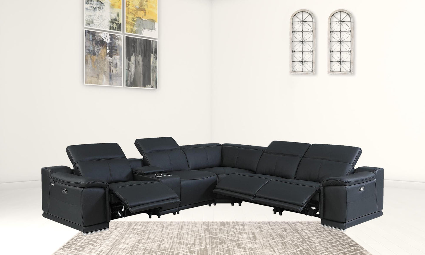 Beige Italian Leather Power Reclining U Shaped Six Piece Corner Sectional With Console