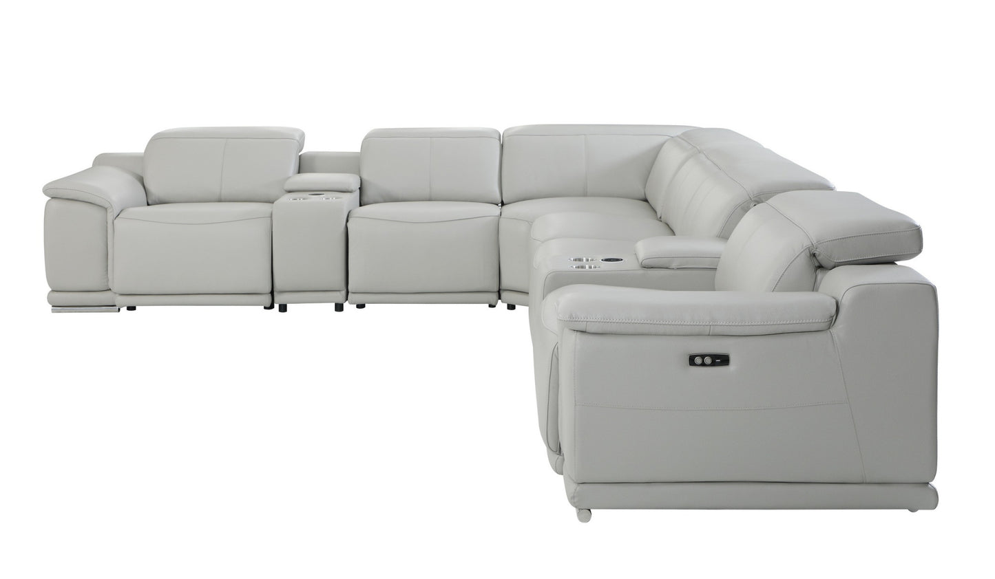 Light Gray Italian Leather Power Reclining U Shaped Eight Piece Corner Sectional With Console