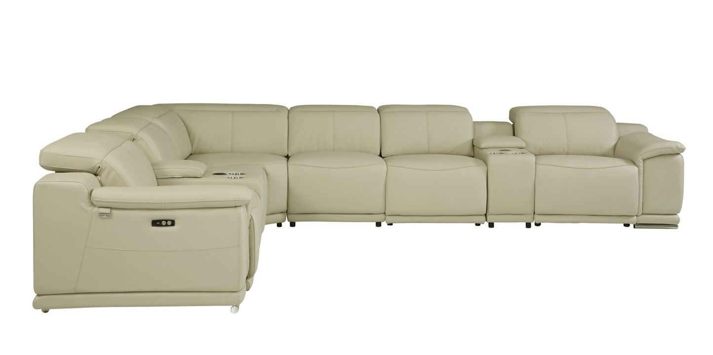 Beige Italian Leather Power Reclining U Shaped Eight Piece Corner Sectional With Console