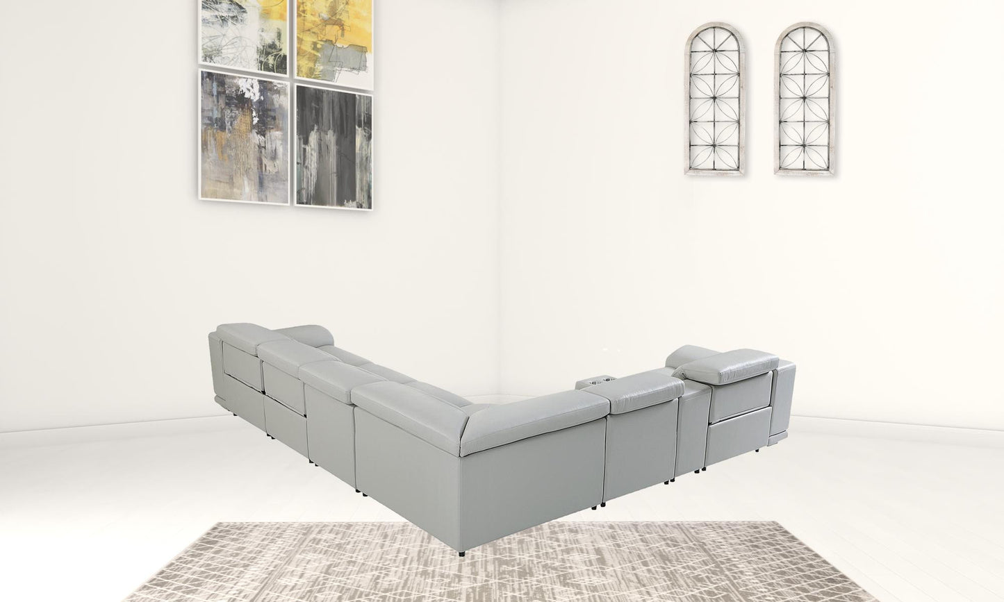 Light Gray Italian Leather Power Reclining U Shaped Seven Piece Corner Sectional With Console