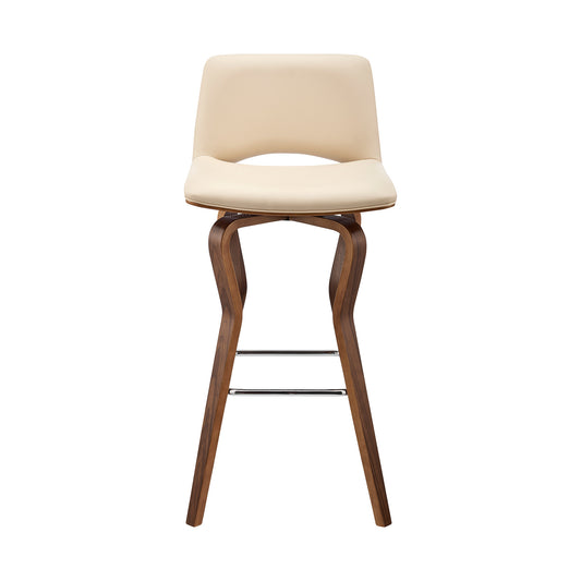26" Cream And Brown Faux Leather Swivel Low Back Counter Height Bar Chair