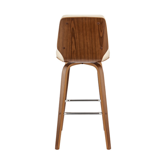 27" Cream And Brown Faux Leather And Solid + Manufactured Wood Swivel Counter Height Bar Chair