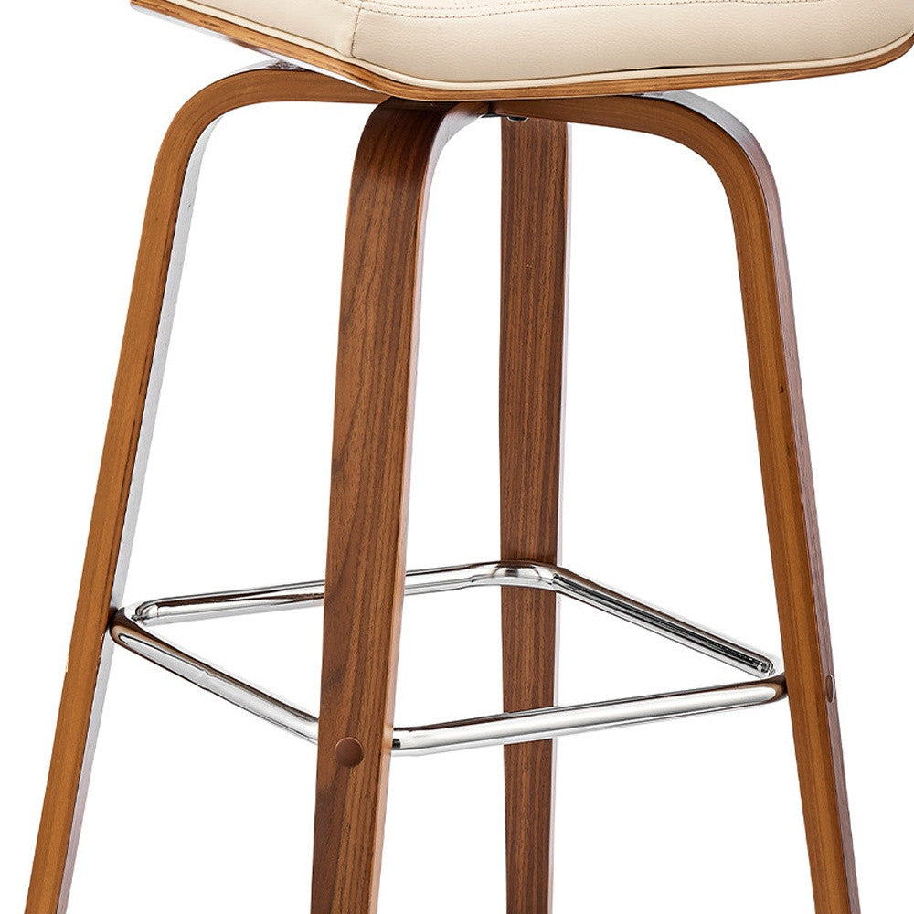 27" Cream And Brown Faux Leather And Solid + Manufactured Wood Swivel Counter Height Bar Chair