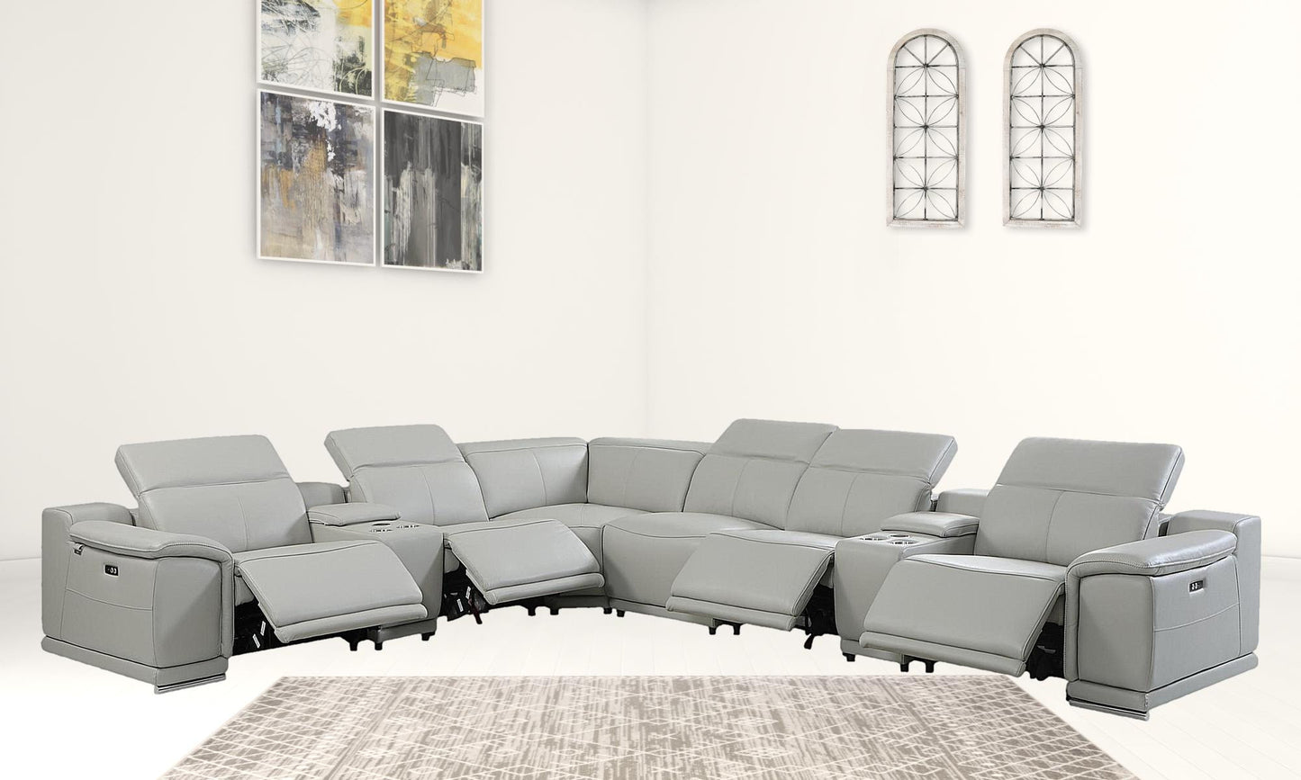 Light Gray Italian Leather Power Reclining U Shaped Eight Piece Corner Sectional With Console