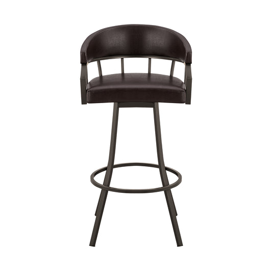 30" Brown Faux Leather And Iron Swivel Low Back Bar Height Bar Chair