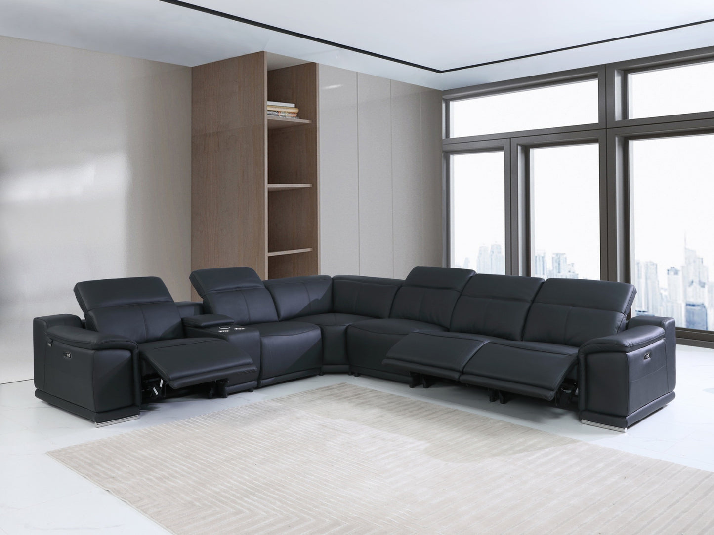 Black Italian Leather Power Reclining U Shaped Seven Piece Corner Sectional With Console